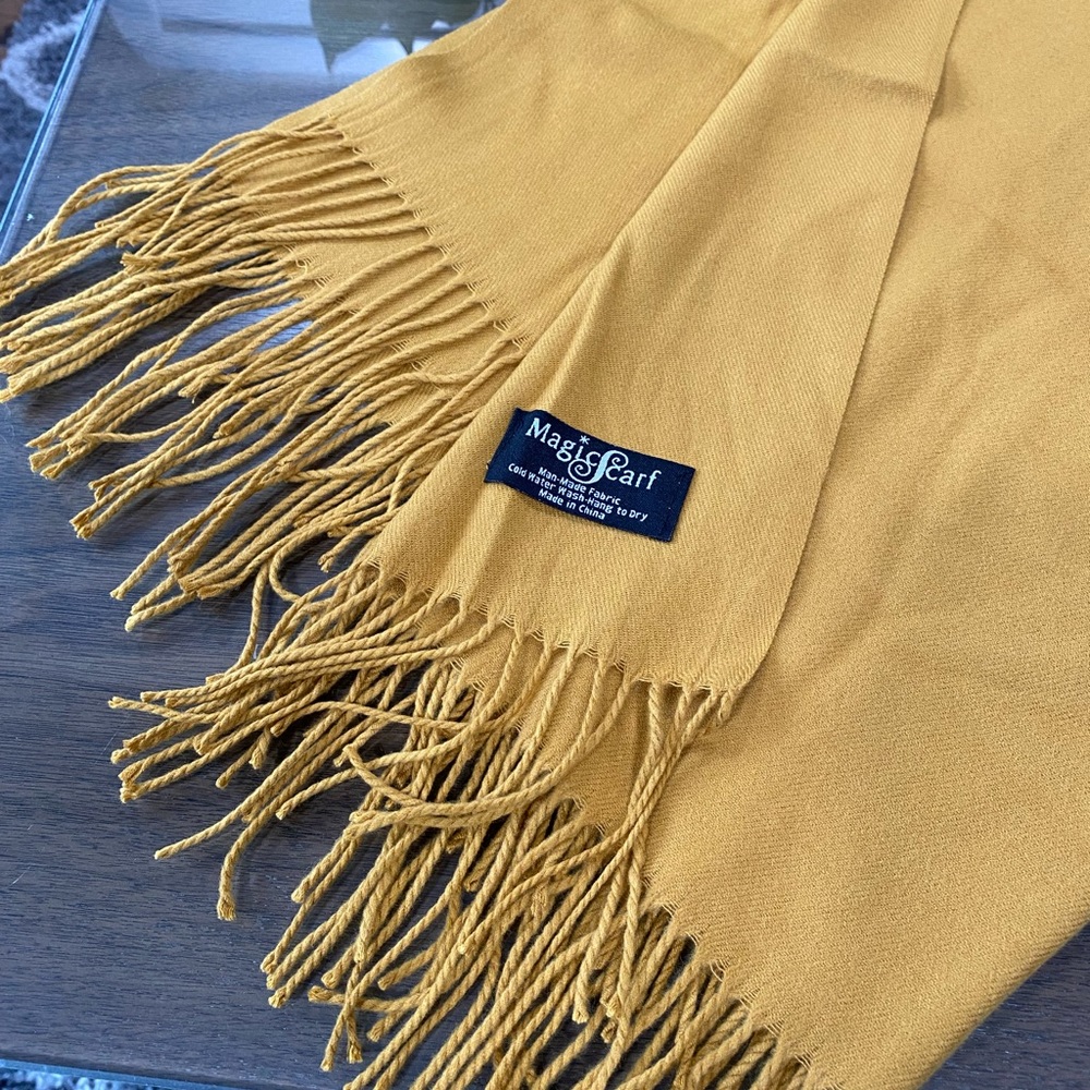 ‘Magic Scarf’, butterscotch color cashmere feel scarf with black acrylic buttons